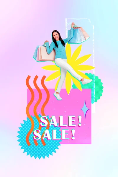 Collage Picture Funny Young Dancing Optimistic Attractive Lady Sale Logotype — Stock Photo, Image