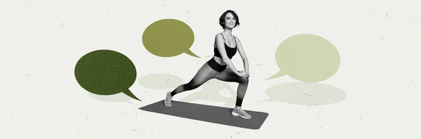 Imagem Colagem Arte Cores Brancas Pretas Positivas Menina Alongamento Fitness — Fotografia de Stock
