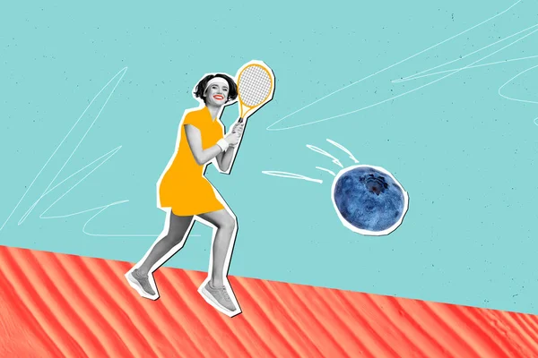 Kreatív Kollázs Izgatott Fekete Fehér Hatás Lány Fut Hold Tenisz — Stock Fotó