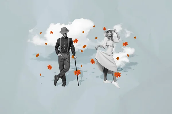 两个典雅的黑色白色的大学图片 人们拿着手杖跳舞飘落的枫叶在纸灰色的背景上隔离着 — 图库照片
