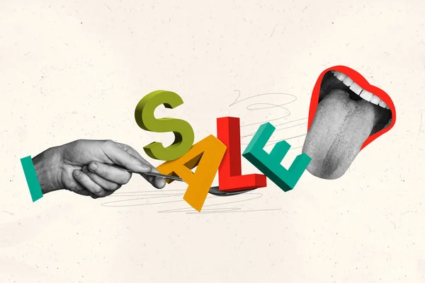 Creative Retro Magazine Collage Image Arm Feeding Mouth Sale Letters — Stock Photo, Image