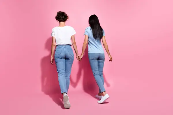 Rear View Full Body Photo Walk Two Stylish Wearing Girls — Foto Stock