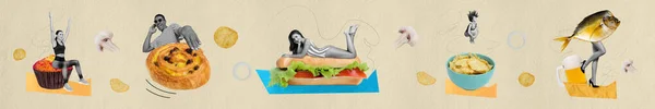 스포츠여자의 파노라마 콜라주 케이크를 거짓말 샌드위치 물고기 베이지 배경에 — 스톡 사진