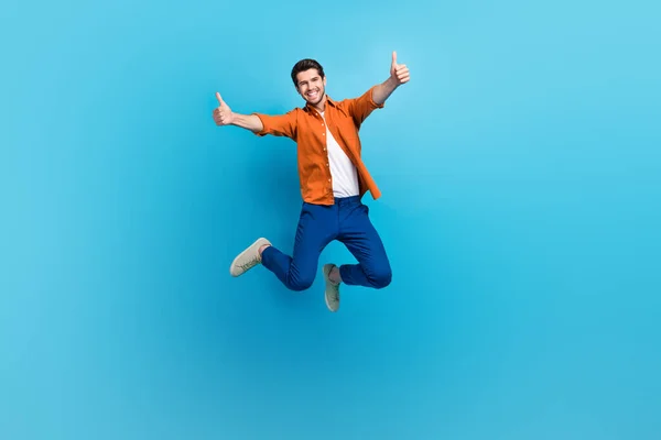 Full Size Photo Attractive Overjoyed Crazy Person Jumping Hands Fingers — Stock Photo, Image