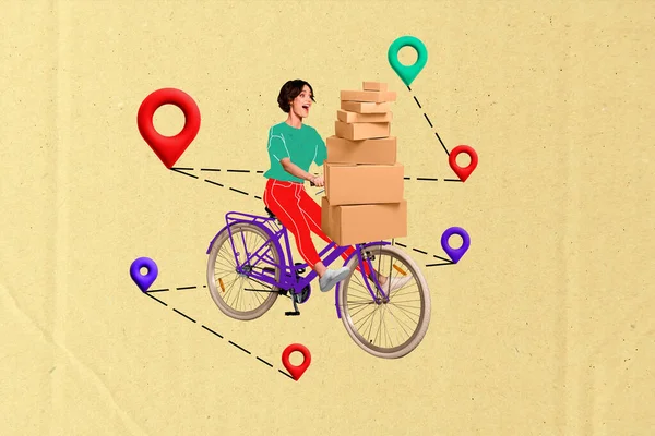 Heyecanlı Kız Kurye Bisiklet Sürüşünün Kolaj Resmi Karton Kağıt Arka — Stok fotoğraf