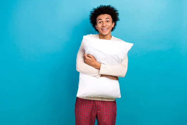 Photo Portrait Cute Young Male Hugging Soft Pillow Sleepy Wear — Stock Photo, Image