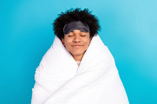 Photo Portrait Attractive Young Man Closed Eyes Enjoy Sleeping Soft — Stock Photo, Image
