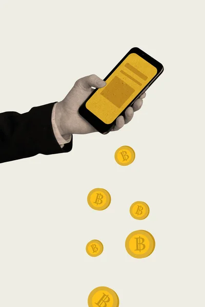 Colagem Ilustração Foto Composta Vertical Braço Segurando Smartphone Comprar Bitcoin — Fotografia de Stock