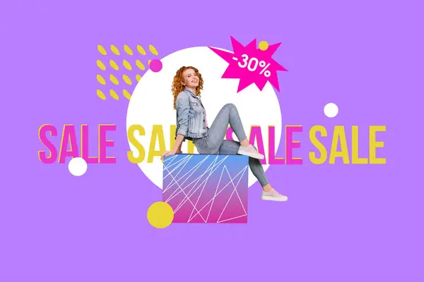 Creative poster collage of sitting platform ginger red hair young female have fun retail market price commercial banner poster.