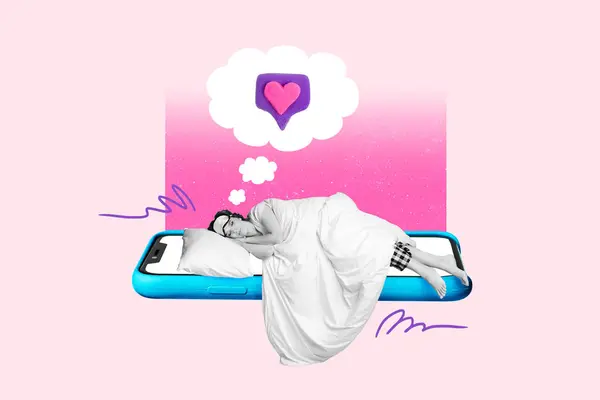 リラックスした若い女性のクリエイティブな写真コラージュ スマートフォン画面上で眠る夢のプラスチックの心をピンク色の背景に隔離 — ストック写真