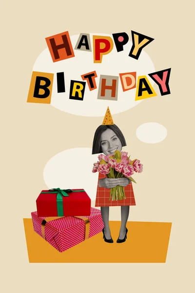 Sketch Collage Postal Hermosa Chica Encantadora Celebrar Flores Aniversario Cumpleaños —  Fotos de Stock