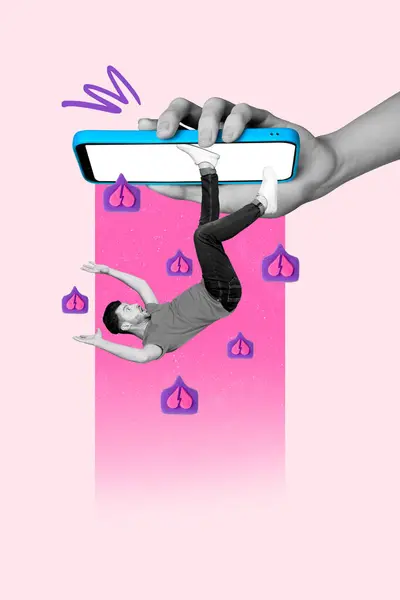 Poster Collage Von Hand Halten Telefon Funky Mann Fallen Brechen — Stockfoto