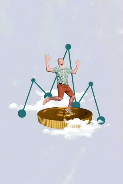 Vertical collage image of excited mini grandfather jump huge money coin clouds sky graphic stats isolated on grey background.