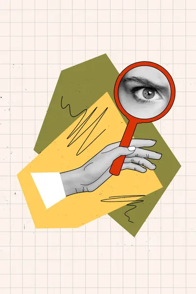 Kreatywny Abstrakcyjny Kolaż Obraz Ramienia Trzymającego Oko Kobiety Loupe Wewnątrz — Zdjęcie stockowe