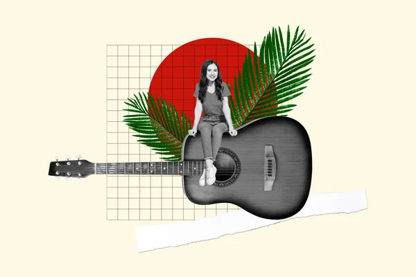 Imagem Colagem Cartaz Sorrindo Mulher Feliz Sentado Enorme Guitarra Exótica — Fotografia de Stock