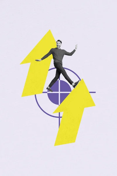 Colagem Foto Criativa Composta Vertical Homem Satisfeito Positivo Andando Setas — Fotografia de Stock