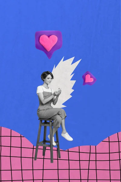 Composite Collage Design Unge Charmerende Kvinde Sidder Swiping Dating App - Stock-foto