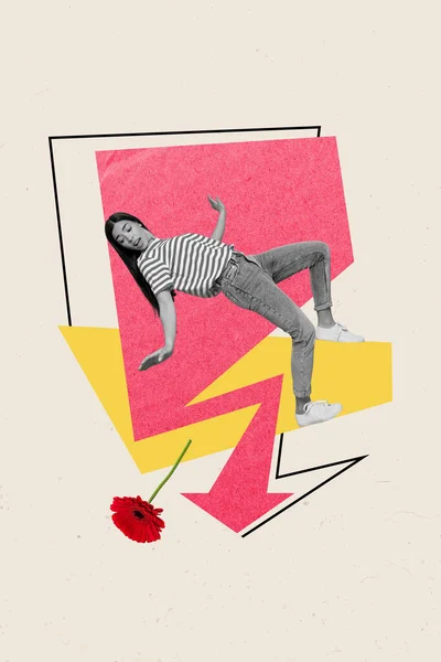 Pionowe Kreatywny Kolaż Obraz Strzałki Punkt Dół Upadek Młody Kobieta — Zdjęcie stockowe