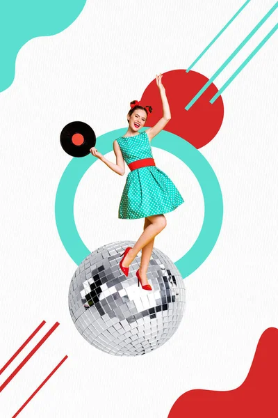 Collage Illustratie Van Jonge Dame Danser Vinyl Schijf Glanzend Partij — Stockfoto