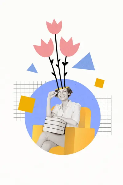 Collage Vázlat Kép Okos Hölgy Olvasás Könyv Virágok Növekvő Fej — Stock Fotó