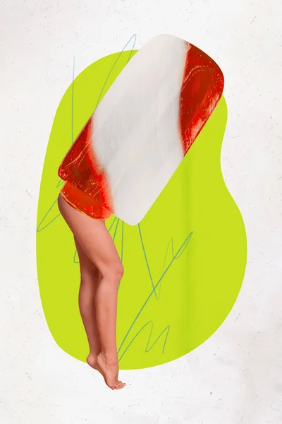 クリエイティブレトロ3D雑誌 セクシーな女性のアイスクリームのコラージュ画像代わりにボディヘッドはカラフルな背景を隔離しました — ストック写真