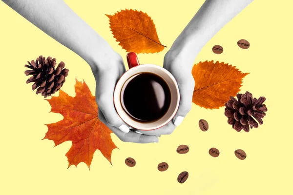 Magasin Bild Collage Två Händer Hålla Koffein Arabica Dricka Varmt — Stockfoto