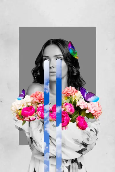 Collage Grafica Grafica Immagine Piangere Signora Abbracciando Bouquet Fiori Isolato — Foto Stock