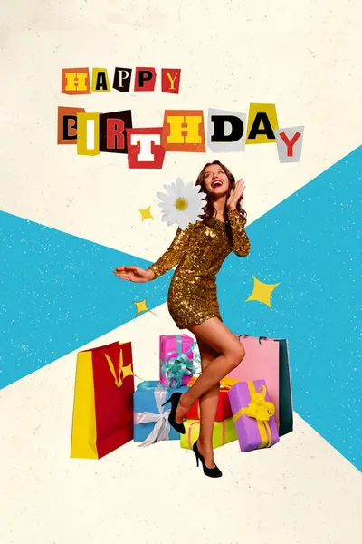 Vertical postcard happy birthday image collage artwork of funky woman shining dress style dancing gifts isolated on drawing background.