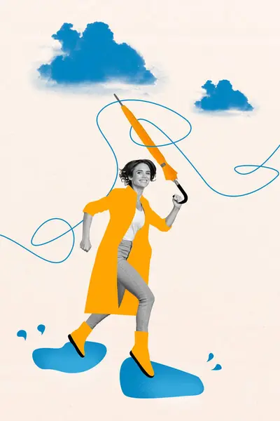 Függőleges Kreatív Kompozit Alkotás Fotó Kollázs Gyönyörű Boldog Lány Futó — Stock Fotó