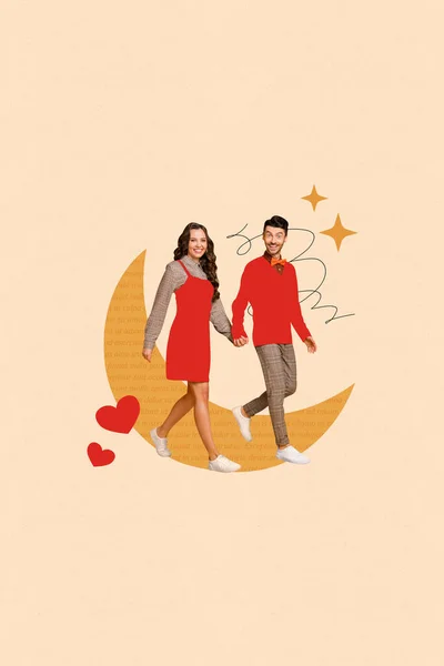 ポジティブな楽しい人々のマガジンのコラージュ画像は ベージュの背景を描画して孤立したロマンチックな夜を一緒に歩きます — ストック写真