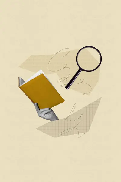 Collage Picture Image Human Arm Holding Textbook Reading Detective Story — Stock Photo, Image