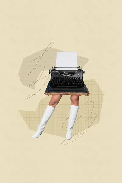 Vertical Collage Image Weird Unusual Silhouette Face Woman Typewriter Instead — Stock Photo, Image