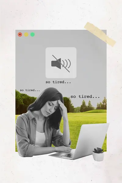 Colagem Tendência Criativa Cansaço Esgotado Escritório Computador Feminino Som Notificação — Fotografia de Stock