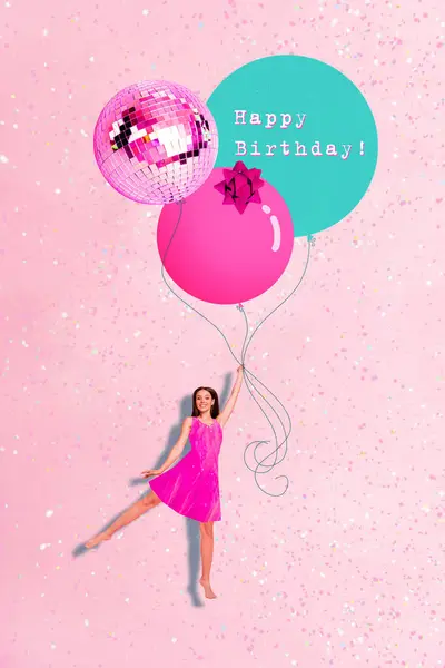 Collage Illustration Volant Fille Funky Portant Rose Robe Élégante Ballons — Photo