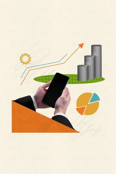 Picture Painted Collage Man Hold Phone Demonstrate Display Financial Growth — Stock Photo, Image