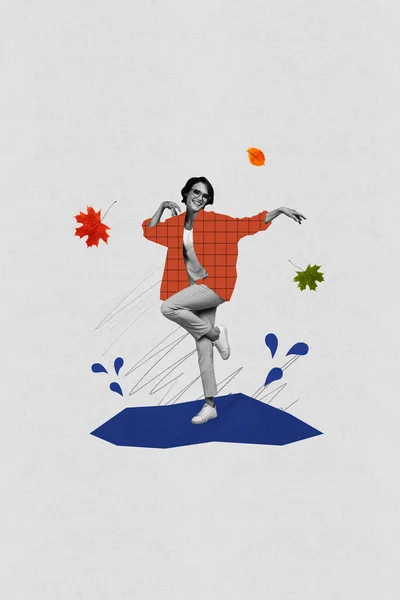 Collage Fotos Abstracto Compuesto Vertical Divertida Chica Alegre Positiva Bailando — Foto de Stock
