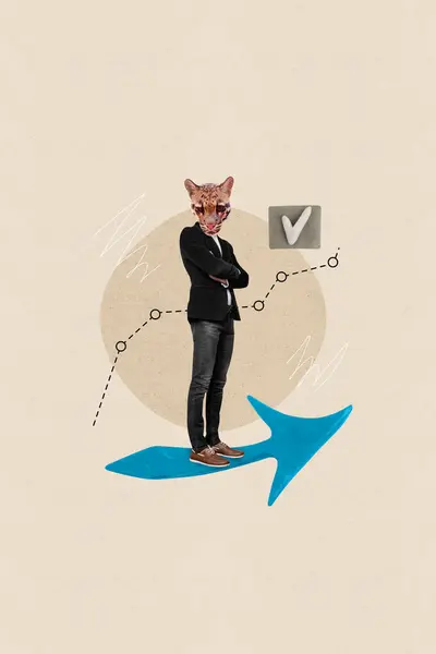 Creative Poster Collage Arrow Point Folded Arms Cat Head Financier — Stock Photo, Image