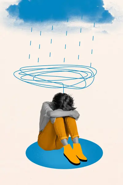 Ilustración Compuesta Creativa Vertical Collage Fotográfico Mujer Triste Disgustada Sentada —  Fotos de Stock