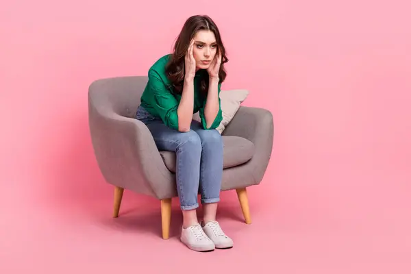 Full Length Photo Disappointed Grumpy Person Sit Soft Chair Hands — Stock Photo, Image