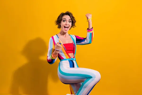 Photo Overjoyed Cheerful Girl Wear Trendy Striped Outfit Celebrate Win — Stock Photo, Image