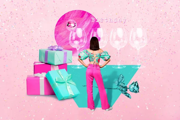 Creative artwork postcard collage back view photo of woman watching her prepared champagne glasses much gifts isolated on pink background.
