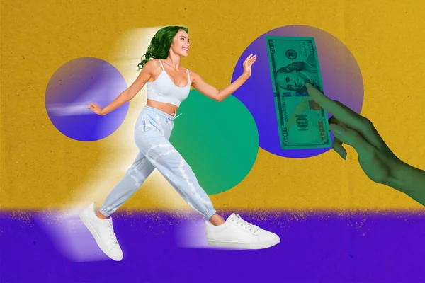Photo Collage Artwork Minimal Picture Purposeful Lady Running Earning Money — Stock Photo, Image