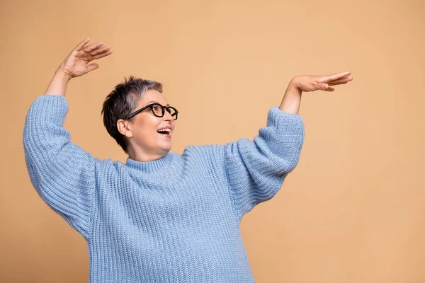 Portrait Carefree Positive Aged Lady Have Good Mood Dancing Arms — Stock Photo, Image