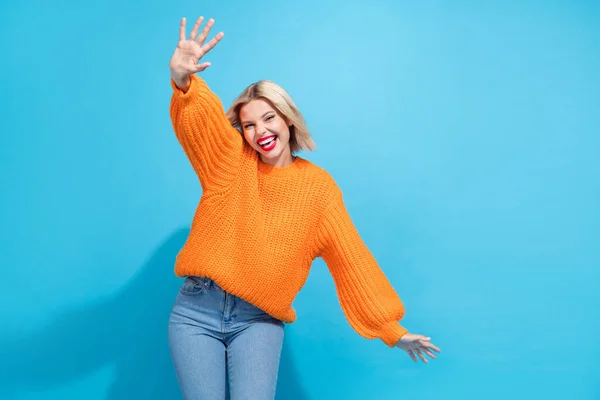 Portrait Optimistic Cute Woman Bob Hairstyle Dressed Knitwear Sweater Waving — Stock Photo, Image