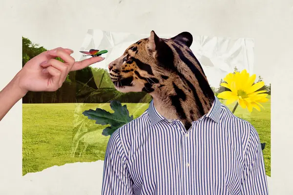 Picture surreal image collage of weird creature with tiger head dressed shirt enjoy summer vacation outdoors.