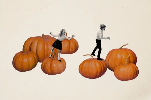 Composite Collage Picture Image Little Girl Boy Playing Together Pumpkin — Stock Photo, Image
