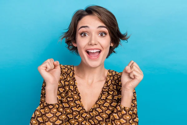 Portrait Delighted Funky Person Raise Fists Attainment Luck Shout Yes — Stock Photo, Image