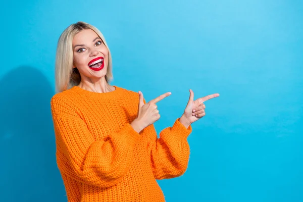 Photo Impressed Girl Blond Hairstyle Wear Knit Orange Jumper Directing — Stock Photo, Image