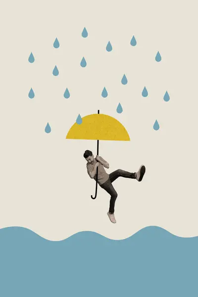 Artwork Magazine Collage Picture Scared Guy Hanging Umbrella Afraid Falling — Stock Photo, Image