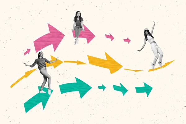Creatieve Tekening Collage Beeld Van Drie Jonge Energetische Grappige Vrouwen — Stockfoto